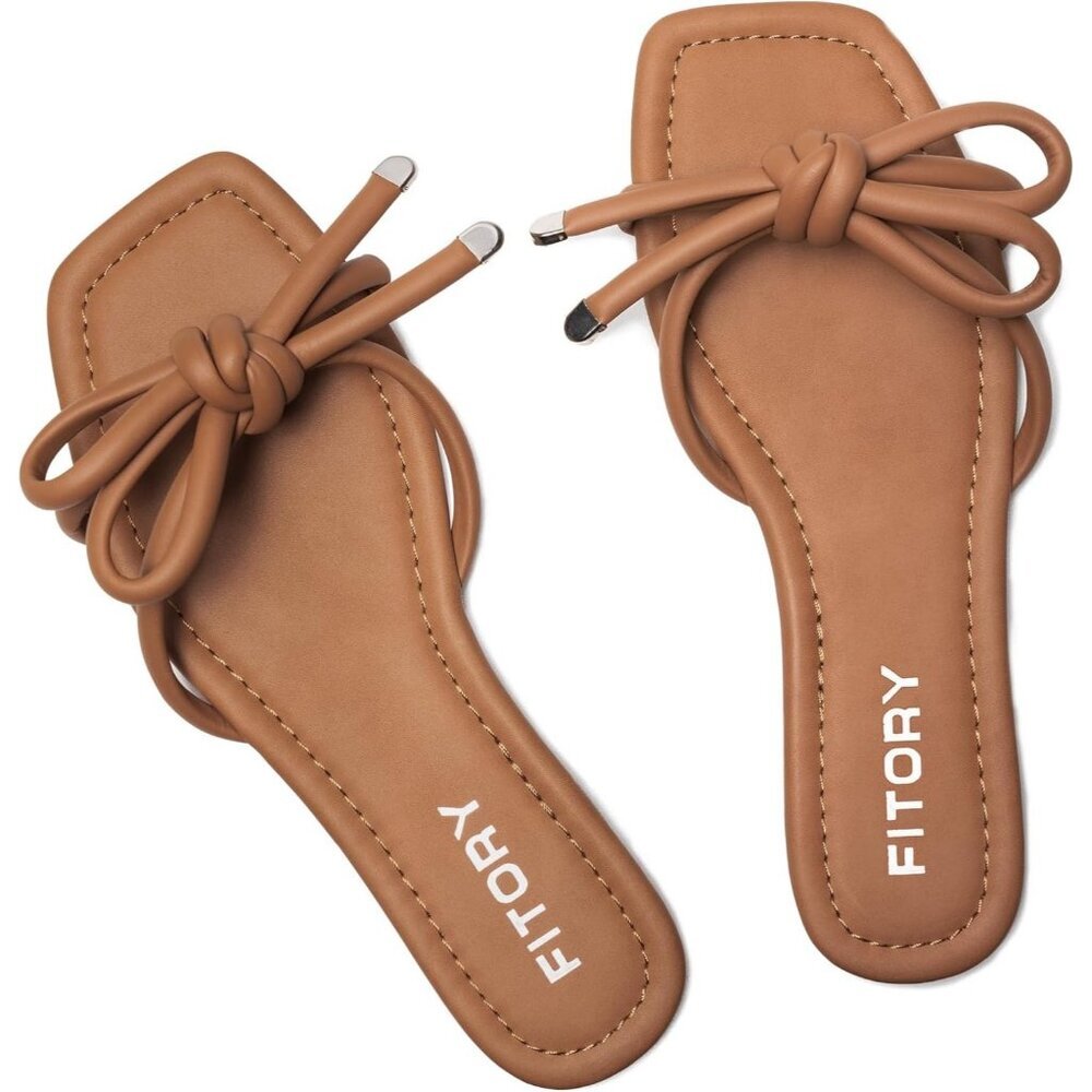 Women's All Brown Square Open Toe Thong Cute Knot  Flat Sandals Shoes